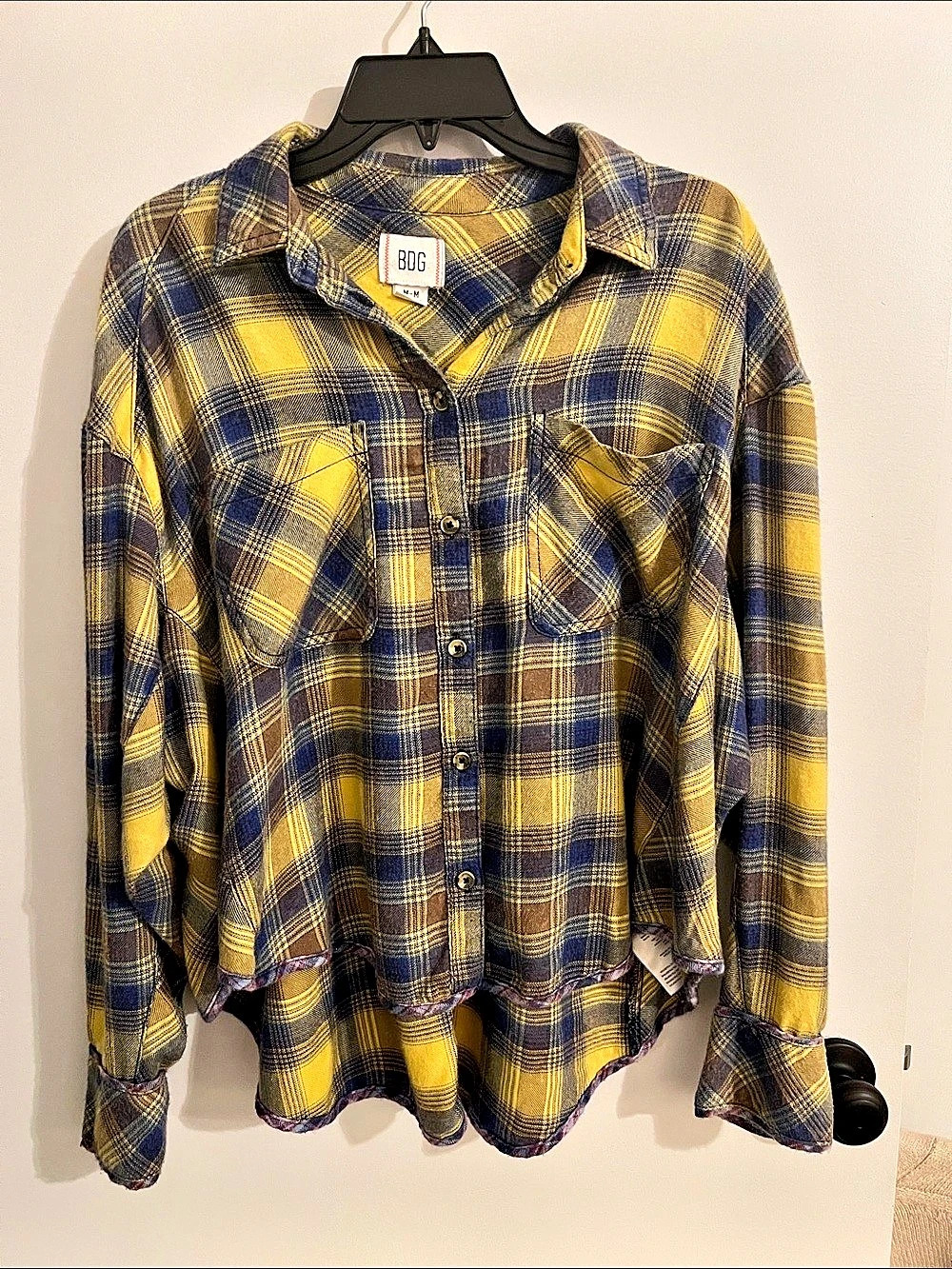 BDG Brendon Plaid High-Low Hem Button-Up Shirt Yellow & Blue Medium